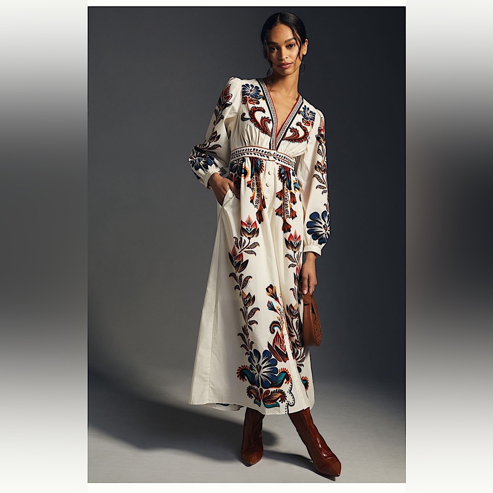 Farm Rio for Anthropologie Maxi Dress Floral Print Cream Multicolor S/M NWT